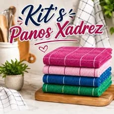 Kit’s Panos Xadrez Toalhas Listrada 100% algodão Fio Dourado Cozinha