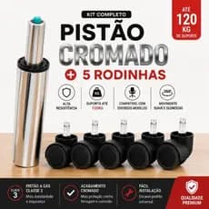 Kit Pistão a Gás Cromado Classe 3 + 5 Rodízios Universais para Cadeira de Escritório/Gamer – Suporta até 120kg