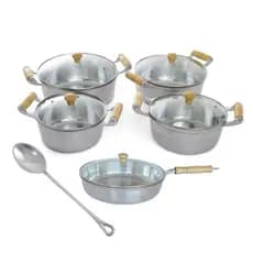 Jogo de Panelas e Frigideiras Tampa de Vidro Aluminio Fundido Resistente Cabos de Madeira 6 pçs