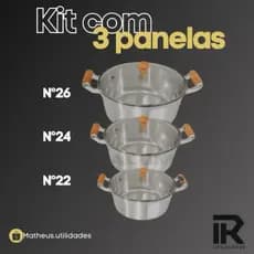 Jogo de panelas grande 3 peças 22/26 com tampa de vidro em alumínio grosso ideal para o dia a dia