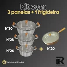 Jogo de Panelas Grandes 3 Peças 26/28/30 mais frigideira em Alumínio fundido com Tampas de Vidro