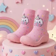 Meia com Sola Emborrachada Antiderrapante Bebê Infantil Unicórnio Cupcake Menina 0 a 3 anos