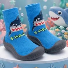 Meia com Sola Emborrachada Antiderrapante Bebê Infantil Tubarão Shark Menino 0 a 3 anos