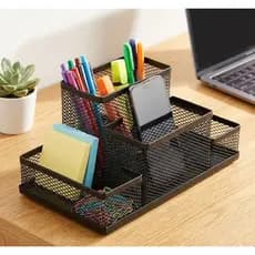 Organizador de Escritório de Mesa Aramado em Metal Porta Canetas Lápis 4 Divisões