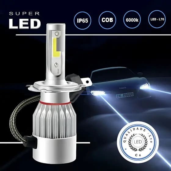 Kit 2  Lâmpadas Farol Milha Super Led Carro Automotivo C6 H1 / H3 / H4 / H7 / H11LUMENS Efeito Xenon