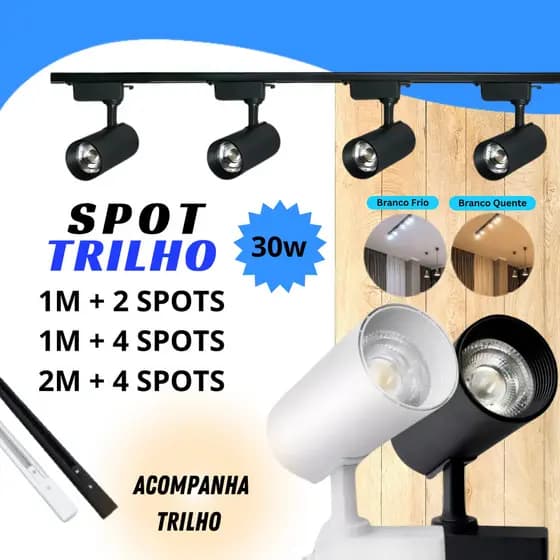Kit Trilho Eletrificado SPOT LED 30W BRANCO OU PRETO COM TRILHO 1M e 2M COZINHA VITRINE LOJA SALA