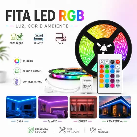 FITA LED RGB 5050 / 3528+ Fonte + Controle IP65 DECORAÇÃO INTERNA CASA DECORAÇÃO DE COPA