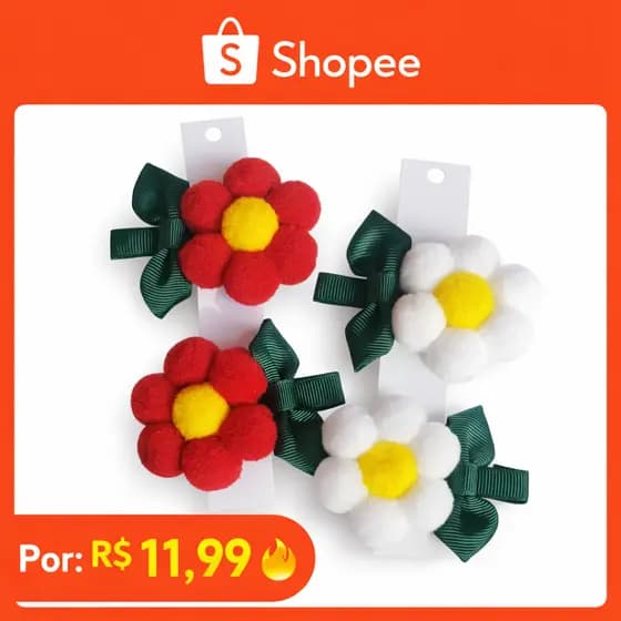 Kit 2 Presilhas Infantis Flor de Pompom 6cm – Laço Grande para Menina Delicado e Fofo