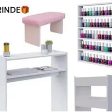 Kit Mesa Manicure + Carrinho Auxiliar + Porta Esmaltes + Apoio De Mão Manicure Unha Gel Salão De Beleza Oferta