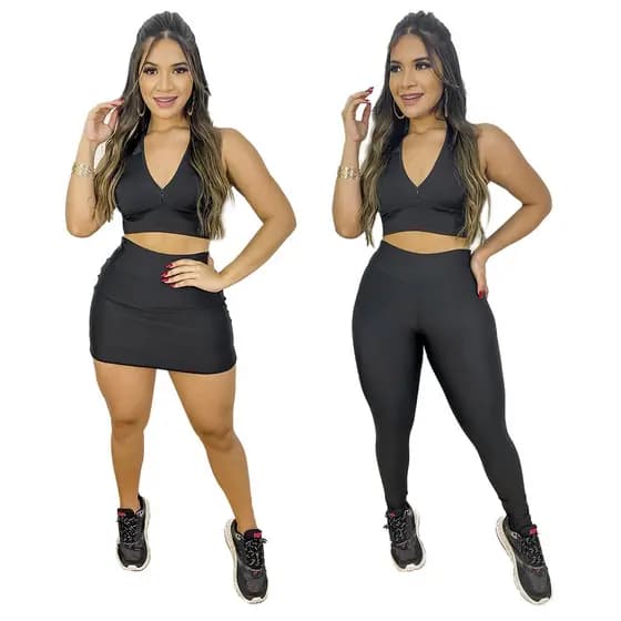 KIT COM 3 PEÇAS TOP FEMININO + LEGGING + SHORT SAIA ACADEMIA AFINA CINTURA