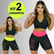 KIT 2 BERMUDA + 2 TOP ROUPA ACADEMIA AFINA CINTURA ALTA SHORT CURTO FITNESS FEMININO