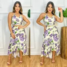Conjunto Cropped  Blusa com Bojo + Saia Envelope Longa Midi Pareô Saída de praia Canga Evangélica Plus Size Vestido