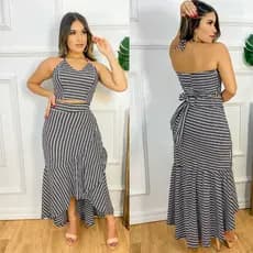Saia midi forrada envelope e cropped com bojo modelo longo de amarrar vestido