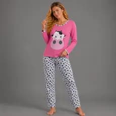 Pijama FB VAQUINHA Feminino Longo Confort Meia Estação Frio Manga Comprida Inverno Estampado