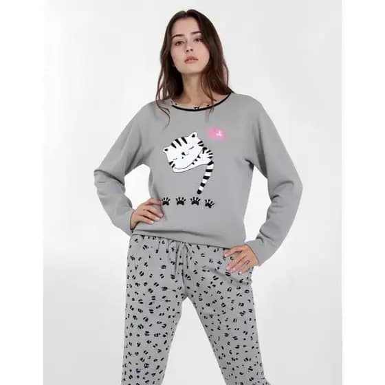 Pijama FB Gatinhos Fofos Malha Soft Adulto Longo Confort Fechado Manga Comprida Feminino Inverno