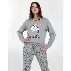 Pijama FB Gatinhos Fofos Malha Soft Adulto Longo Confort Fechado Manga Comprida Feminino Inverno