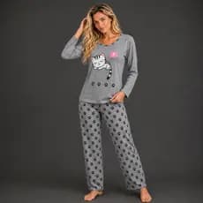Pijama FB Miau Cinza Malha Premium De Frio Feminino Longo Manga Comprida Inverno Noite