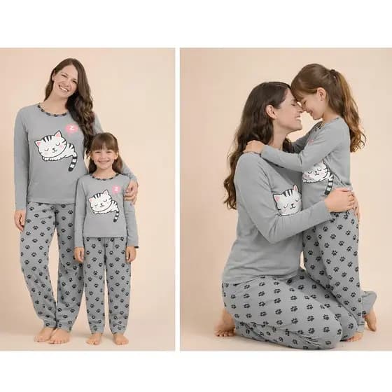 Kit 2 Pijamas Malha Premium Mae e Filha Gatinho Cinza Fofo Inverno Blusa Manga Longa Conforto