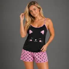 Baby Doll FB Alcinha Gatinho Preto Fofo Malha Premium Short Doll Verao Pijama Curto de Dormir Adulto