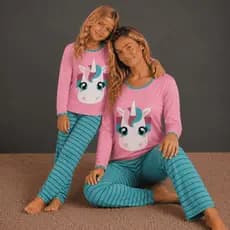 Kit c/2 Pijamas Mãe e Filha Unicornio FB Malha Premium Forrada Inverno Manga Longa Roupa de Dormir