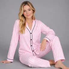 Pijama FB Americano Rosa Premium Gola V Malha Confort inverno Manga longa botão gestante amamentação
