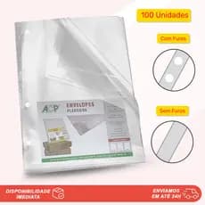 100 Envelopes Plásticos A4 Ofício Transparentes 4 Furos ou Sem Furos para Fichário ACP Escritório Papelaria