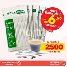 KIT 2.500 Unidades Mexedor de Café Mexa Bem Cristal 8,5cm 5 pacotes com 500 Unidades Cada Palheta Plástica Misturador