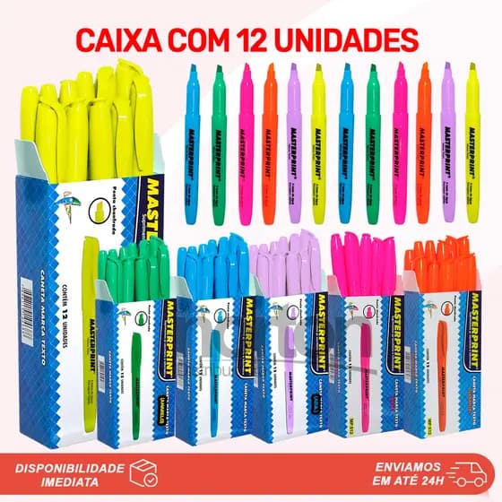 Kit 12 Unidades Marca Texto Masterprint Neon Grifa Texto Caixa