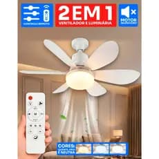 Ventilador de Teto E27 com Controle Remoto, 127V/220V, 6 Pás Potentes, Luz LED 60W Potente, 3 Cores, Instalação Fácil