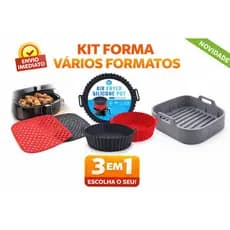 Kit Formas Silicone Para Air Fryer 3 em 1 – Forma Redonda, Cesto Silicone Reforçado, Tapete Silicone
