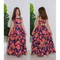 Conjunto Longo Infantil Juvenil Cropped Regata + Saia Longa  Estampada