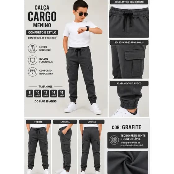 Calça Cargo Infantil Juvenil – Jeans e Sarja, 6 Bolsos, Diversas Cores Estilo Skate 8 ao 16 anos