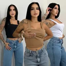 Kit 3 Cropped Feminino Alça Grossa Suplex Decote Quadrado Regata Moda Blogueira