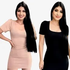 Vestido Midi Canelado Justo Tubinho Manga Curta Decote Quadrado Feminino Elegante