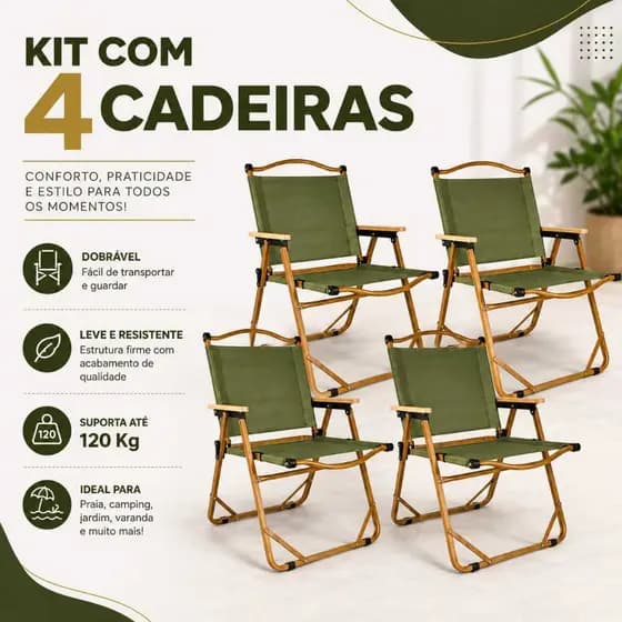 Kit com 4 Cadeiras Dobráveis Oxford Verde Idea com Braços em Madeira Estrutura Reforçada para Camping Praia Jardim