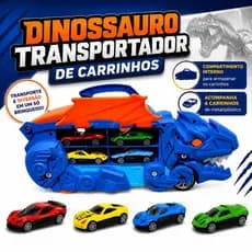 Brinquedo Dinossauro, Transportador de Carrinhos Infantil com 4 Mini Carros, Porta Carrinhos, Pista Integrada