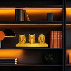 Escultura Decorativa – Trio Força, Sabedoria e Poder; Leão, Coruja, Tigre; Decoração para escritório ou estante, dourado