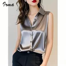 Camisa De Cetim Feminina Verão Sem Mangas Polo Camisas 2026 Novo Topo De Cor Sólida