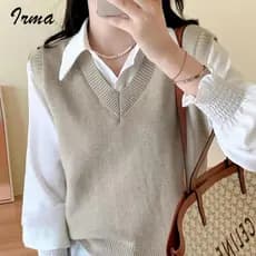 Colete de Tricô Feminino Estilo Coreano em Cor Sólida, Novo para Outono e Inverno, Casual, Versátil, Estilo Universitári