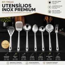Kit 7 Utensílios de Cozinha Inox Premium Athenas Prisma 33cm 1.00mm com Espátula, Conchas, Escumadeira, Garfo ,Amassador