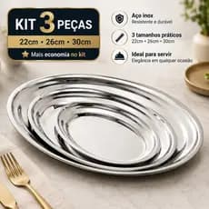 Kit 3 Bandejas Ovais em Aço Inox 22cm 26cm 30cm – Travessas para Servir Refeições, Petiscos e Churrasco