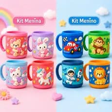 Kit 4 Canecas Infantis Emborrachadas 200ml com Alça – Coloridas, Leves e Resistentes para Crianças