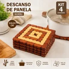 Kit 4 Descanso de Panela Bambu 14x14cm Resistente ao Calor Protege a Mesa