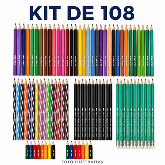 Kit Escolar 108 Peças Lápis de Cor + Lápis Grafite Preto e Verde Mol Paper