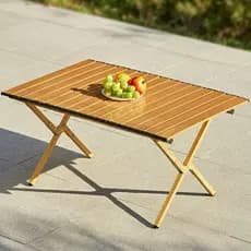 Mesa de Camping Dobrável Portátil Ripada Estilo Madeira com Bolsa de Transporte