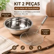 Conjunto Culinário Inox Premium: Tigela Mixing Bowl e Escumadeira Araia