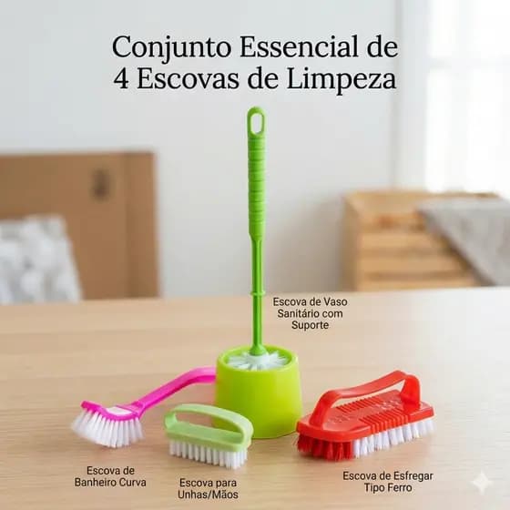 Conjunto Limpeza Completa 4 Escovas (Geral, Roupa, Unha, Sanitária) Exclusivo Elexa