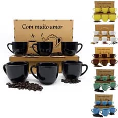 Jogo De Xicaras Para Café 170ml 6 Peças Porcelana Caixa Mdf Com Tampa Decorativa Bandeja Envio Full