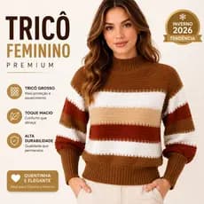 Blusa Tricô Feminina Inverno Suéter Listrado Manga Longa Luxo Casual Quentinho