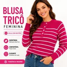 Blusa Tricô Feminina Gola com Botões Manga Longa Suéter Inverno Quentinha